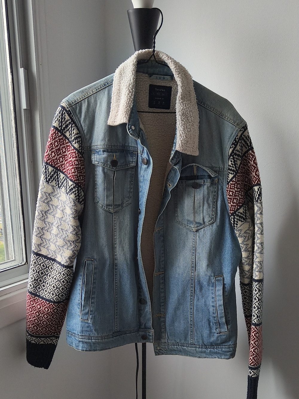 Bershka Light Blue Denim Jacket with Patterned Knit Sleeves